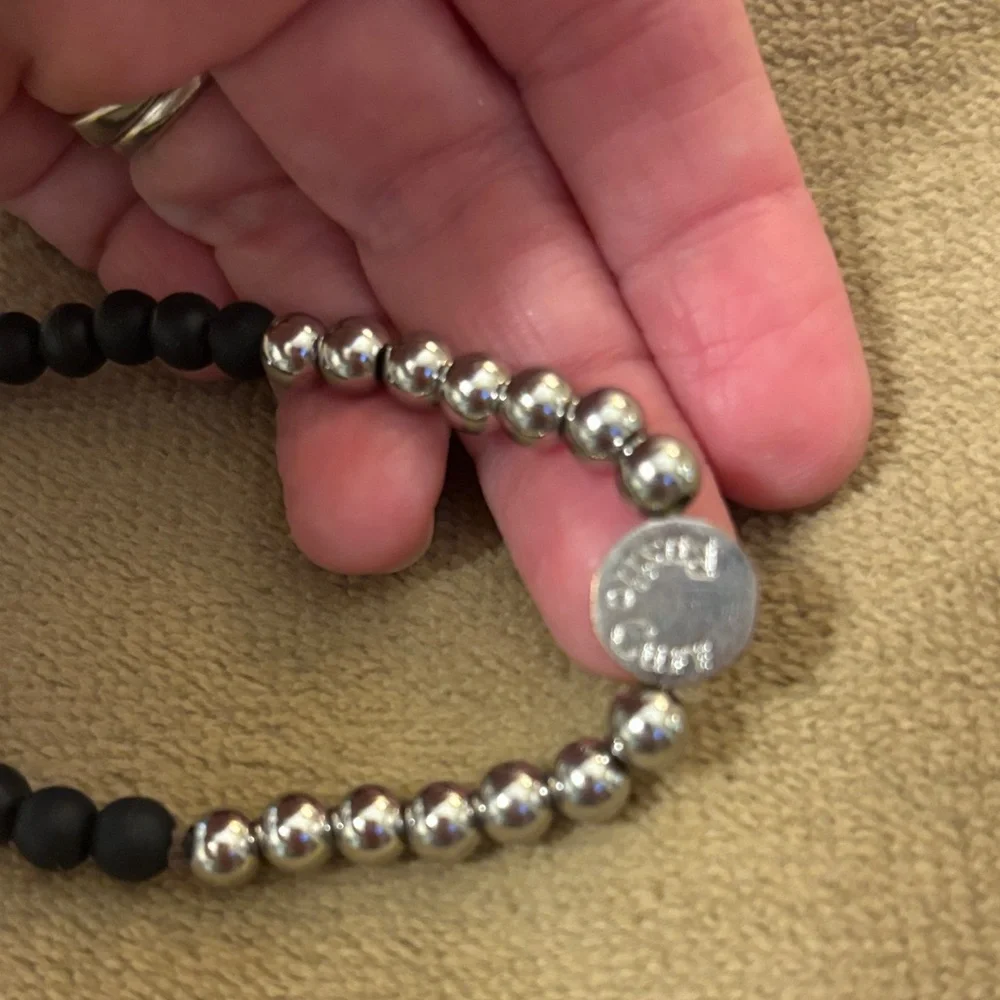 Rustic Cuff Black and Silver Beaded Bracelet with Logo Charm - Picture 5 of 6